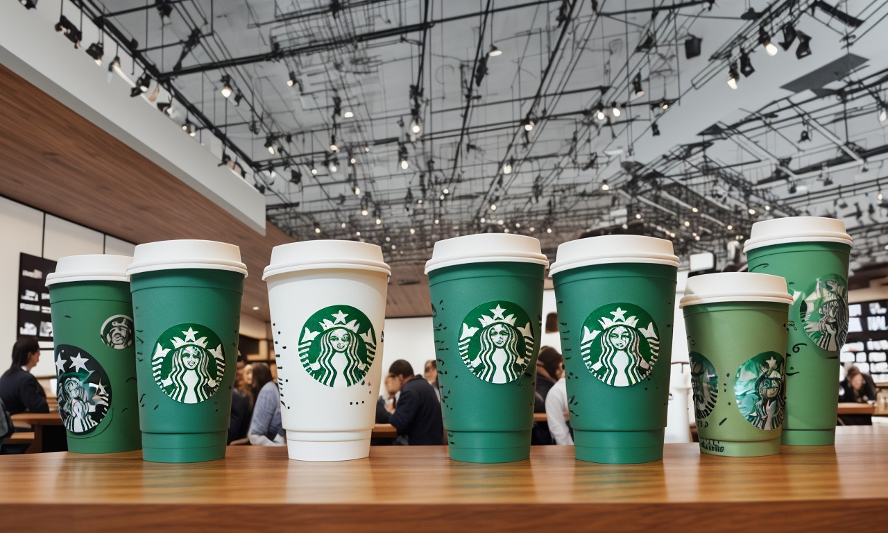 Starbucks tall cups filled with coffee on wooden table.