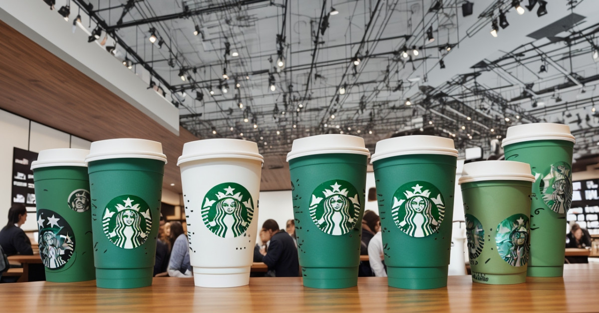 Starbucks tall cups filled with coffee on wooden table.