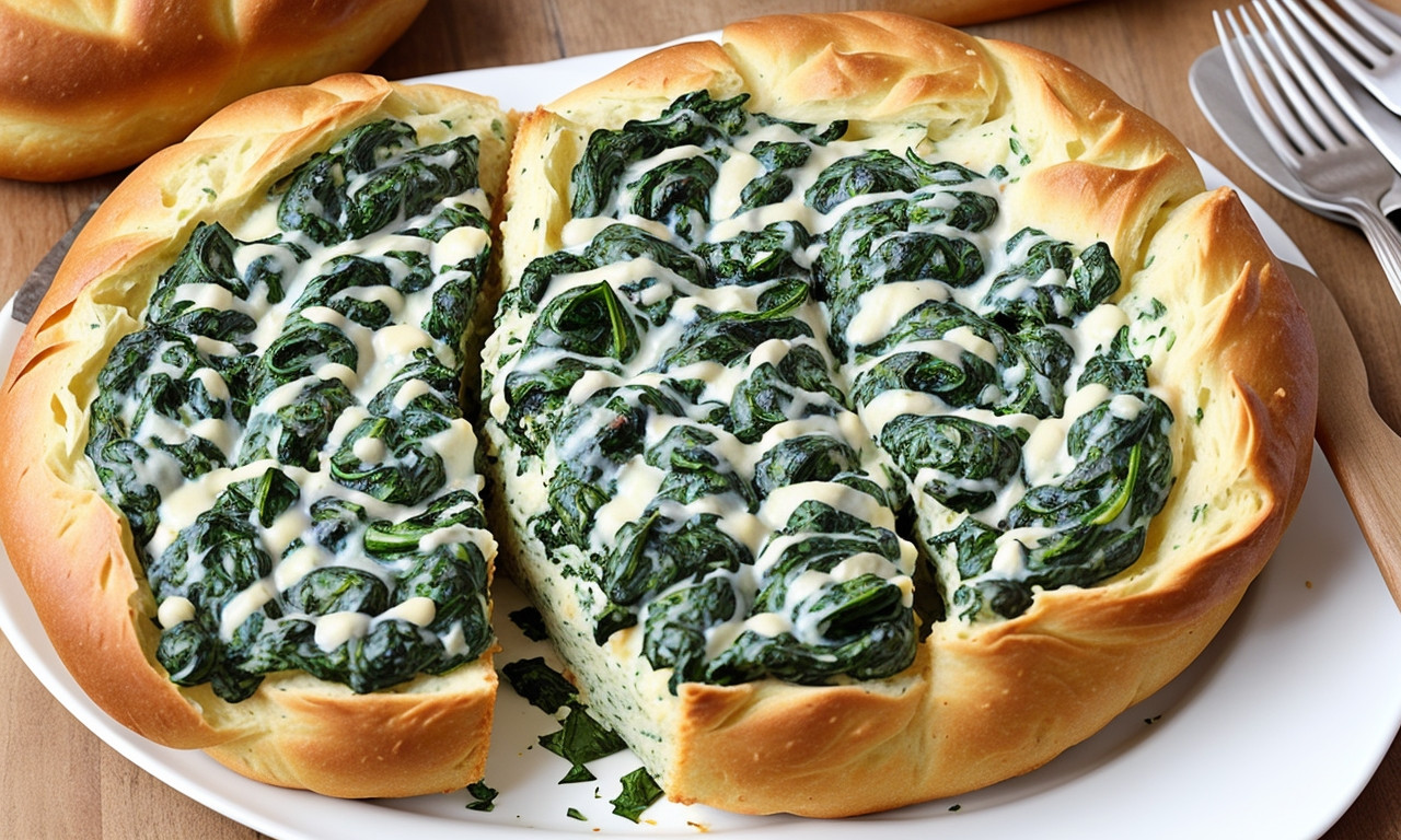 Spinach dip in bread bowl on table for tasty appetizer.