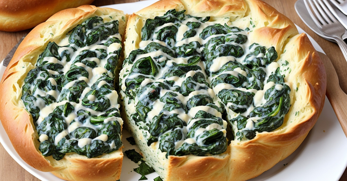 Spinach dip in bread bowl on table for tasty appetizer.