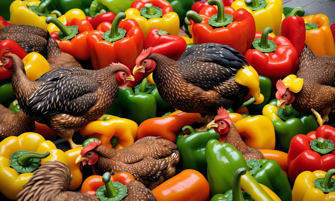 Chickens pecking at colorful bell peppers on a farm.