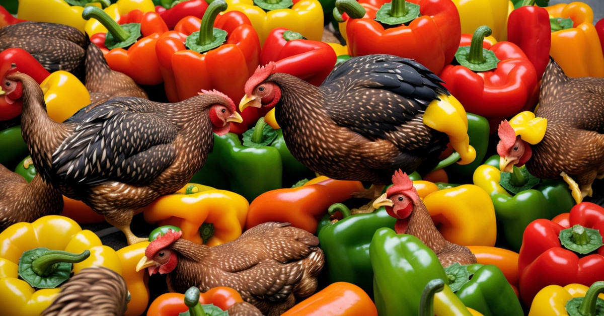 Chickens pecking at colorful bell peppers on a farm.