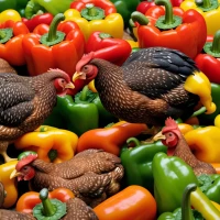 Chickens pecking at colorful bell peppers on a farm. Chickens pecking at colorful bell peppers on a farm.