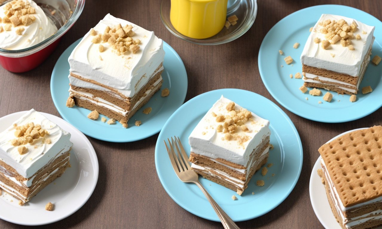 Graham cracker icebox cake with fresh vegetable garnishing.
