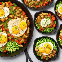 Sizzling chicken bowls on table, ultimate comfort food. Sizzling chicken bowls on table, ultimate comfort food.
