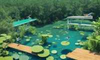 Luxury lily pad-shaped diving board over clear blue water.