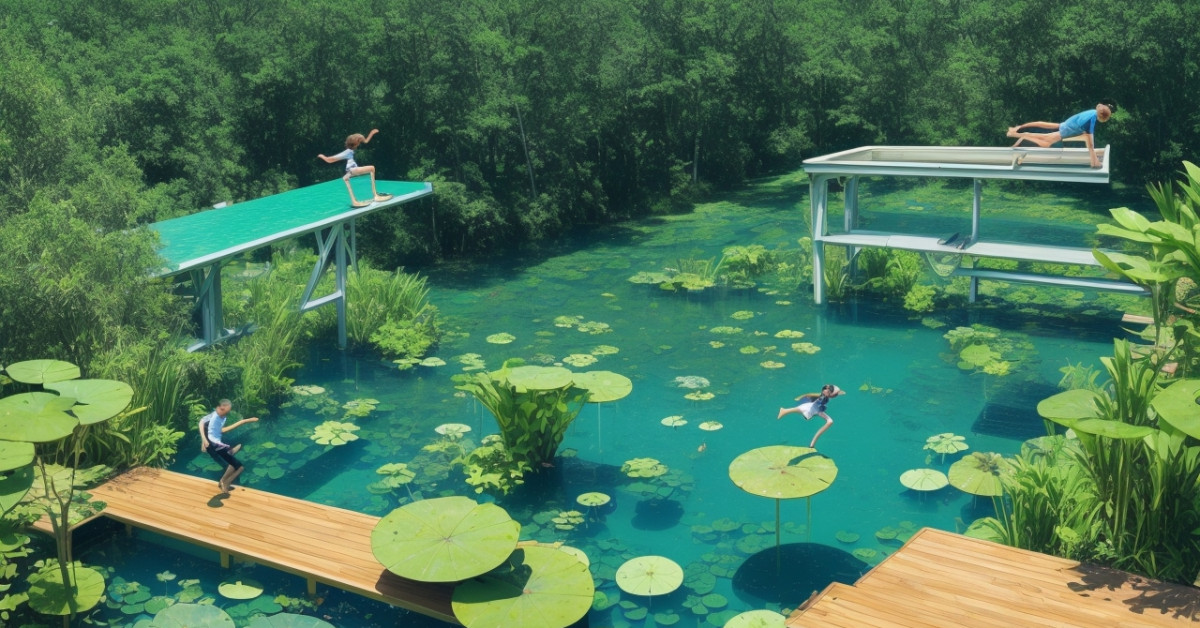 Luxury lily pad-shaped diving board over clear blue water.