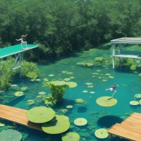 Luxury lily pad-shaped diving board over clear blue water. Luxury lily pad-shaped diving board over clear blue water.