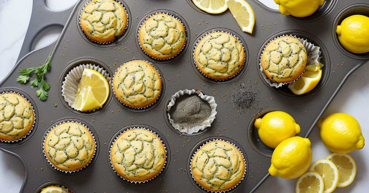 Lemon poppy seed muffin on a plate.