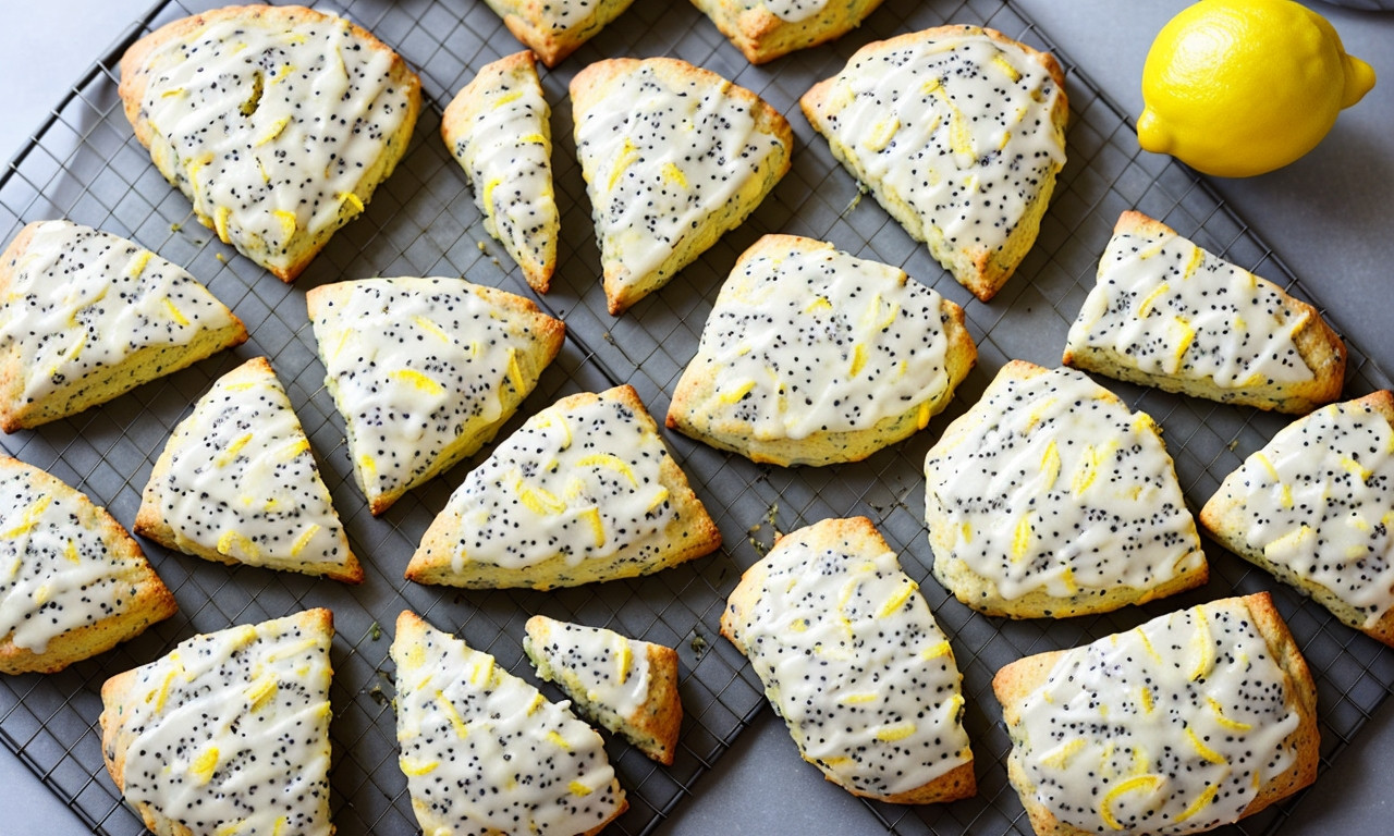 Lemon poppy seed scones on plate with citrus zest.