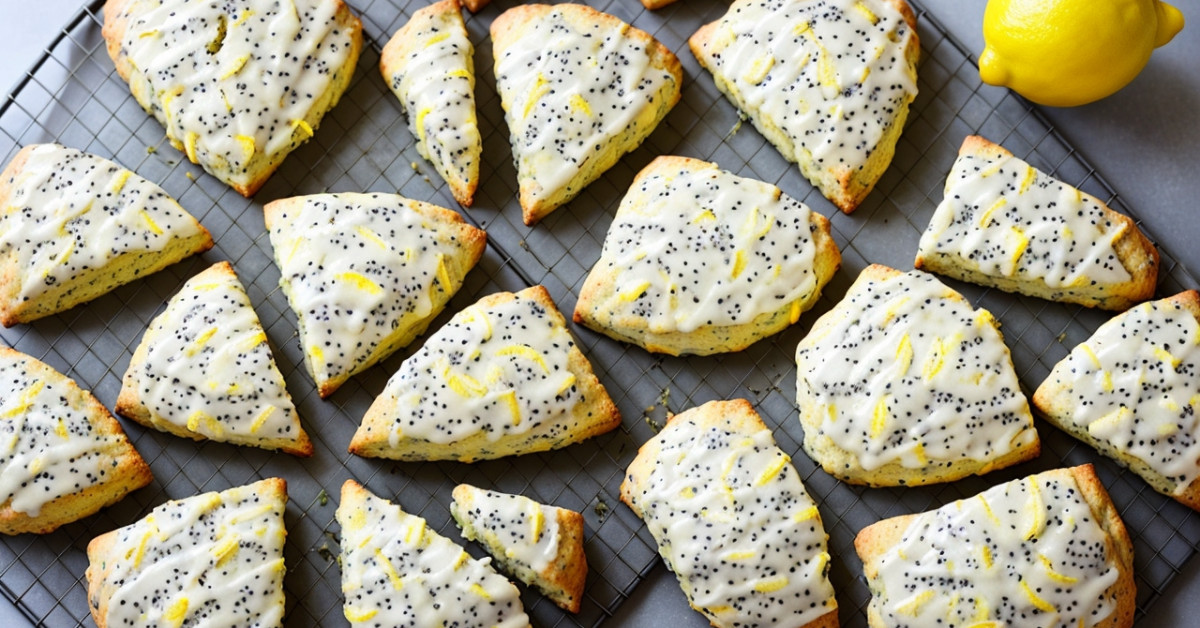 Lemon poppy seed scones on plate with citrus zest.
