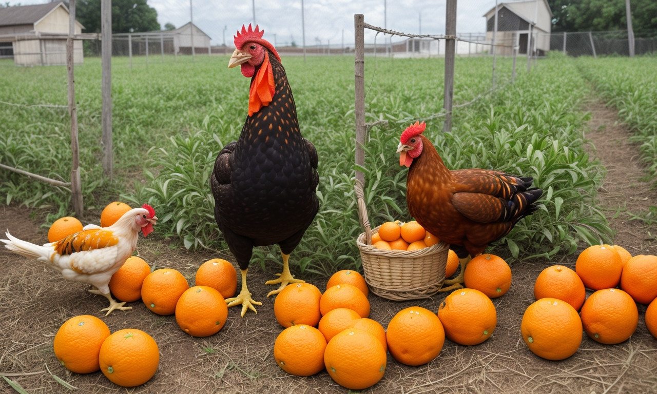 Chickens pecking fresh oranges in a sunny farmyard.