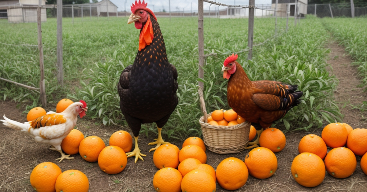 Chickens pecking fresh oranges in a sunny farmyard.