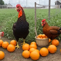 Chickens pecking fresh oranges in a sunny farmyard. Chickens pecking fresh oranges in a sunny farmyard.
