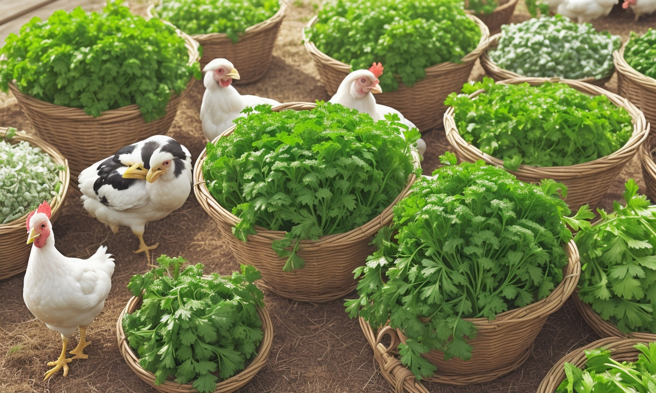 Poultry pecking fresh parsley as healthy dietary supplement.