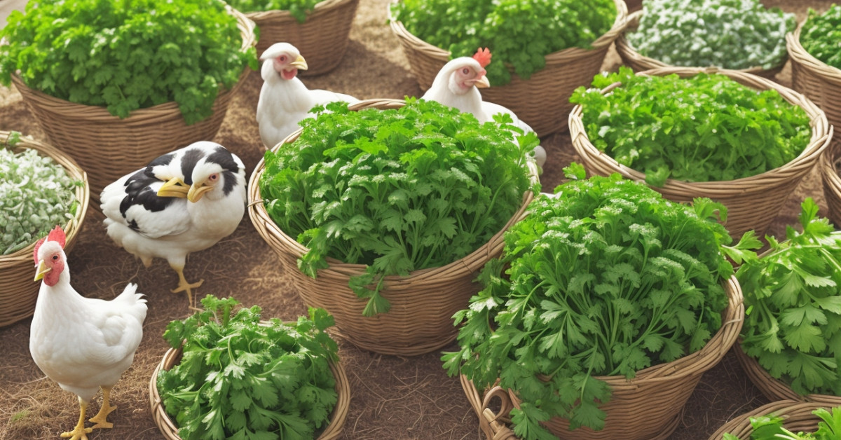 Poultry pecking fresh parsley as healthy dietary supplement.