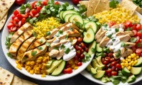 Chicken burrito bowl with fresh toppings on a table.