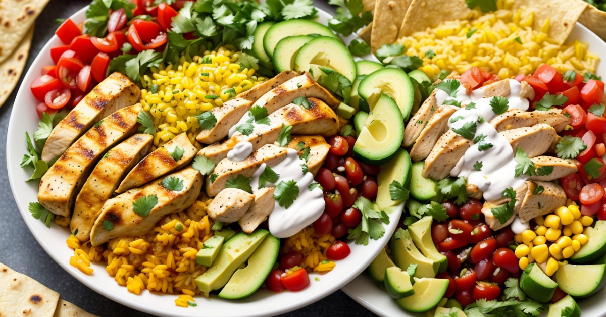Chicken burrito bowl with fresh toppings on a table.