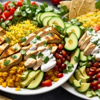 Chicken burrito bowl with fresh toppings on a table.