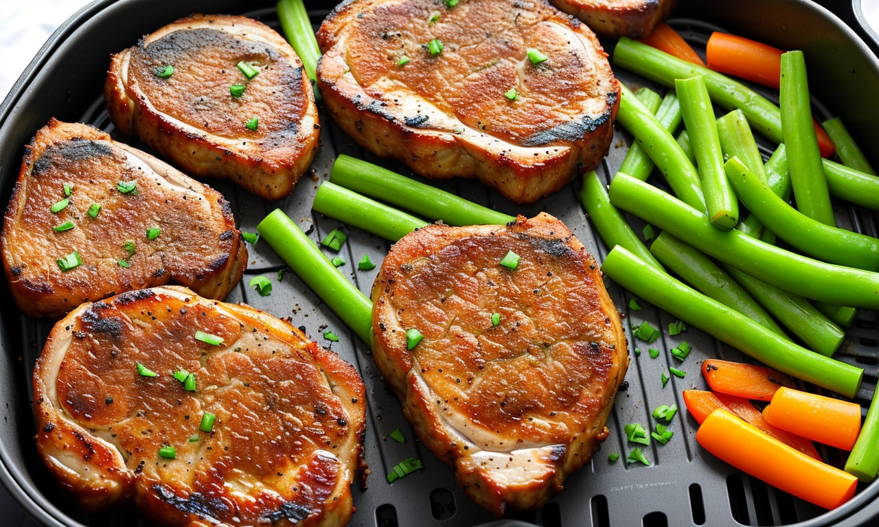 Air-fried thick pork chops with colorful side vegetables.