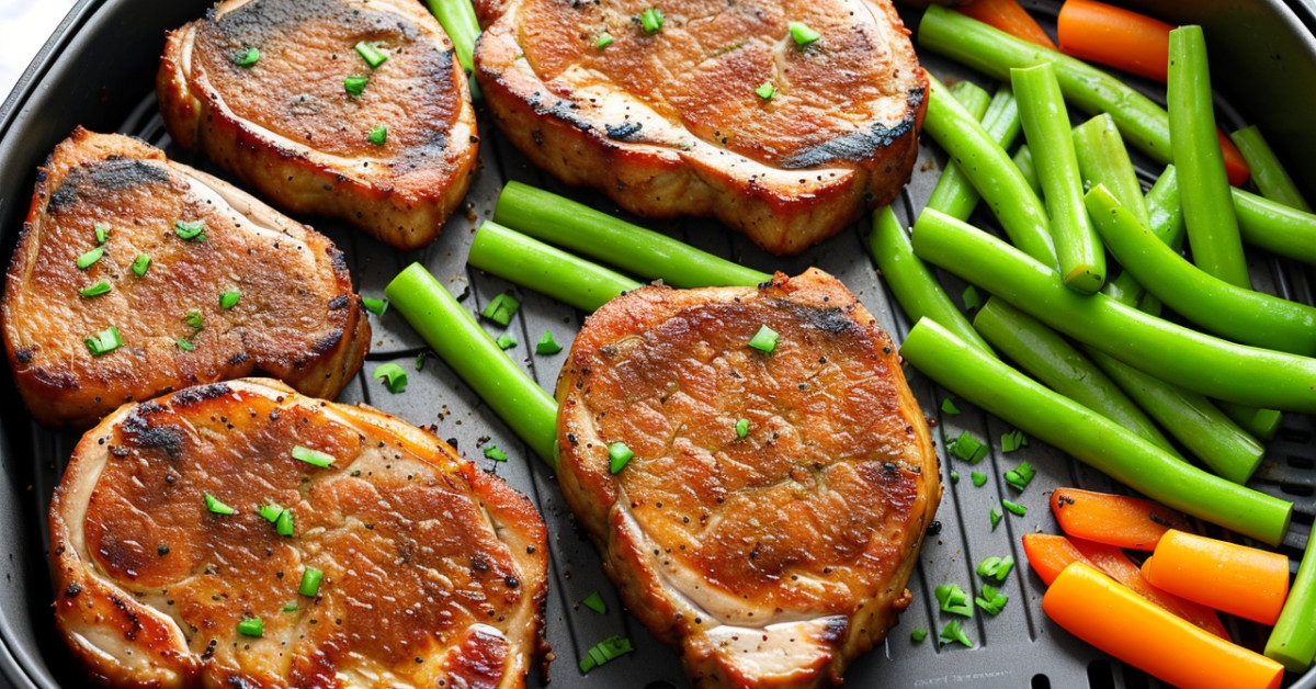 Air-fried thick pork chops with colorful side vegetables.
