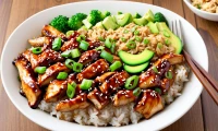 Teriyaki chicken rice bowl with vegetables on wooden table.