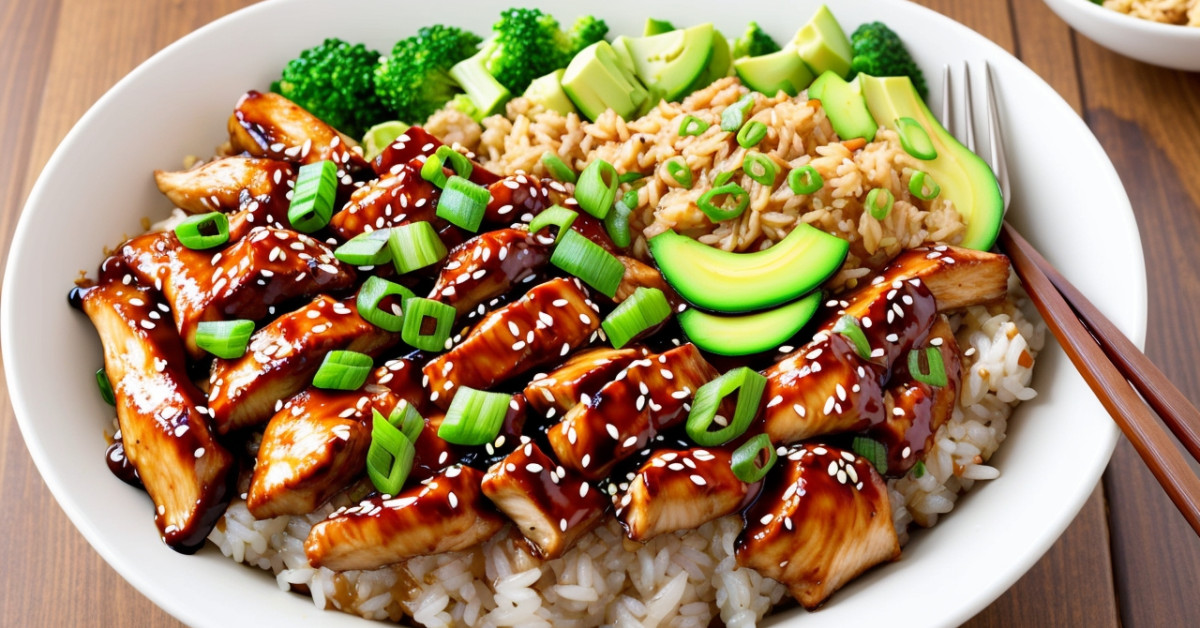 Teriyaki chicken rice bowl with vegetables on wooden table.