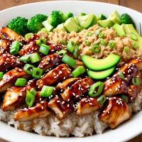 Teriyaki chicken rice bowl with vegetables on wooden table.