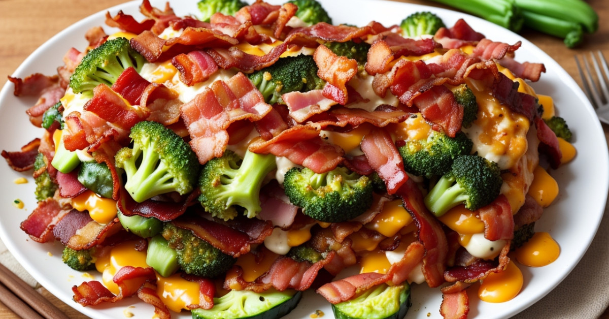Luxury bacon veggie dish presentation on fine dining plate.