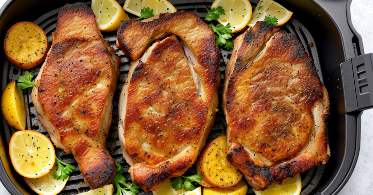 Air fryer pork chops with vegetables on plate.