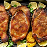 Air fryer pork chops with vegetables on plate. Air fryer pork chops with vegetables on plate.