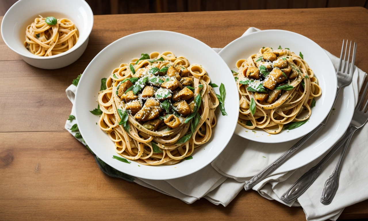 Paglia e Fieno pasta with vegetables on a white plate.