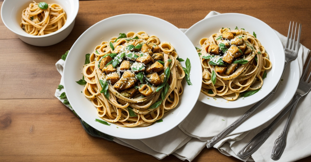 Paglia e Fieno pasta with vegetables on a white plate.