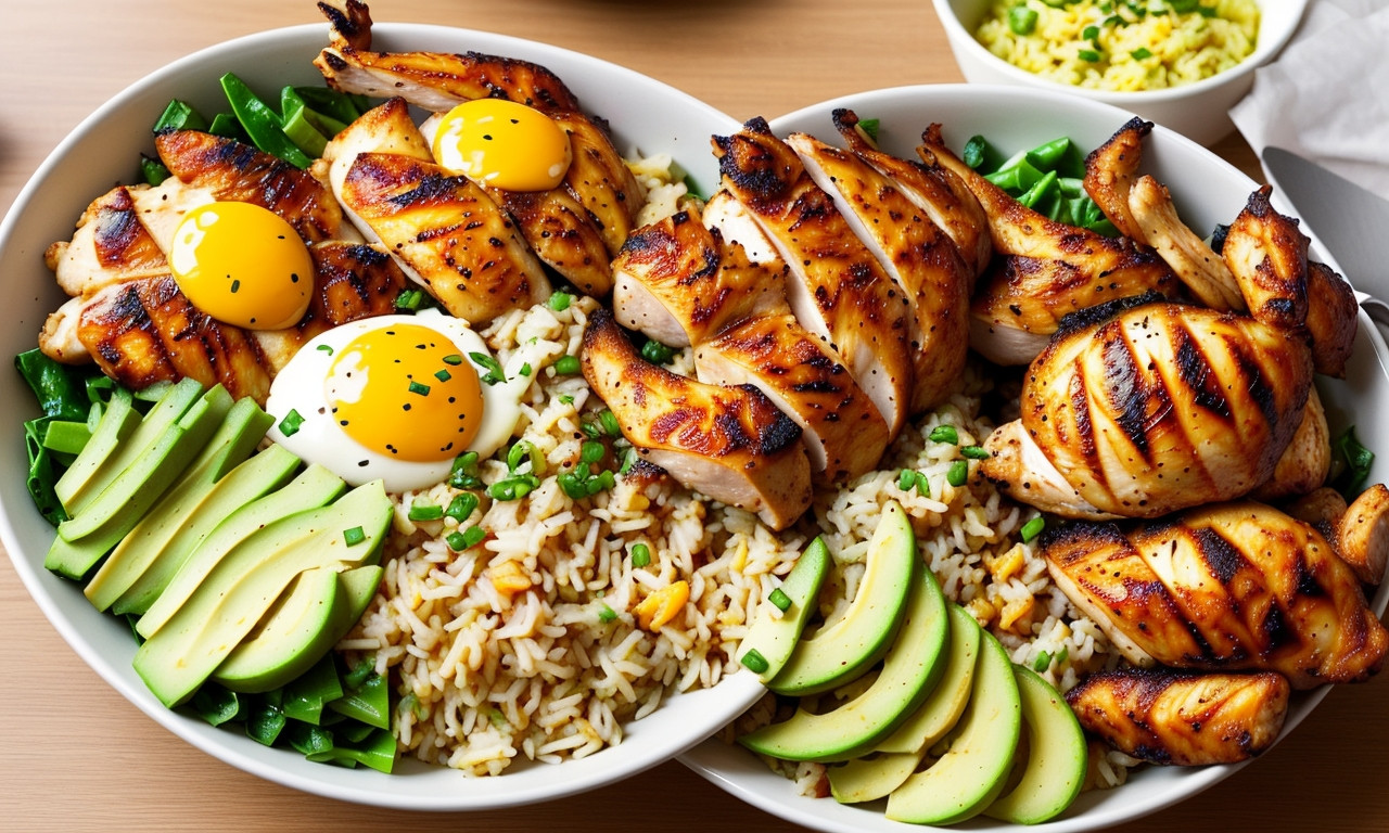 Delicious chicken bowls with fresh vegetables and savory sauce.
