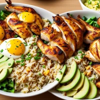 Delicious chicken bowls with fresh vegetables and savory sauce. Delicious chicken bowls with fresh vegetables and savory sauce.