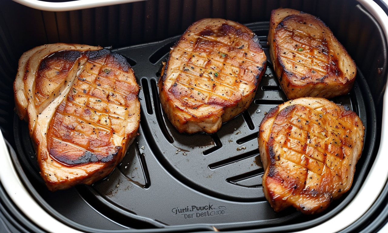 Air-fried thick pork chops on a plate.