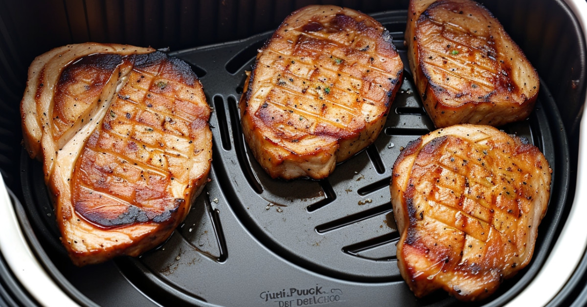 Air-fried thick pork chops on a plate.