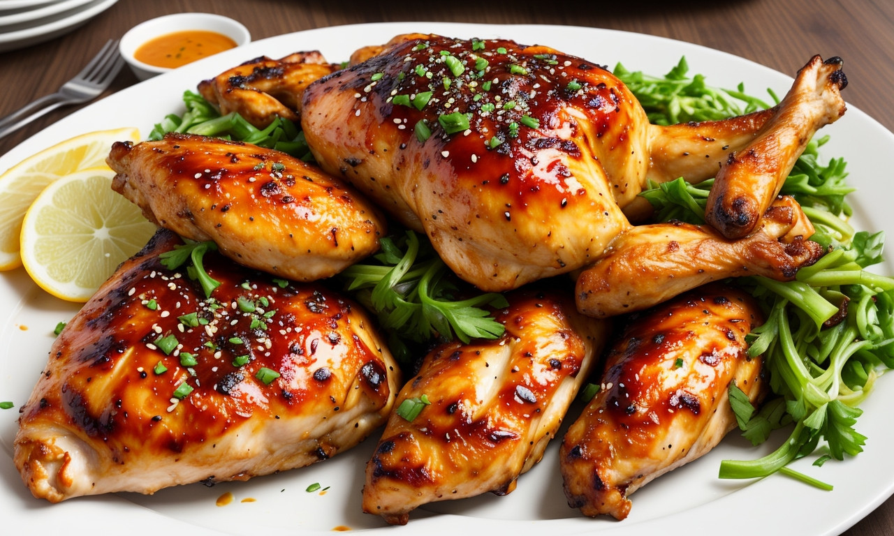 Grilled California tan chicken on sizzling plate.