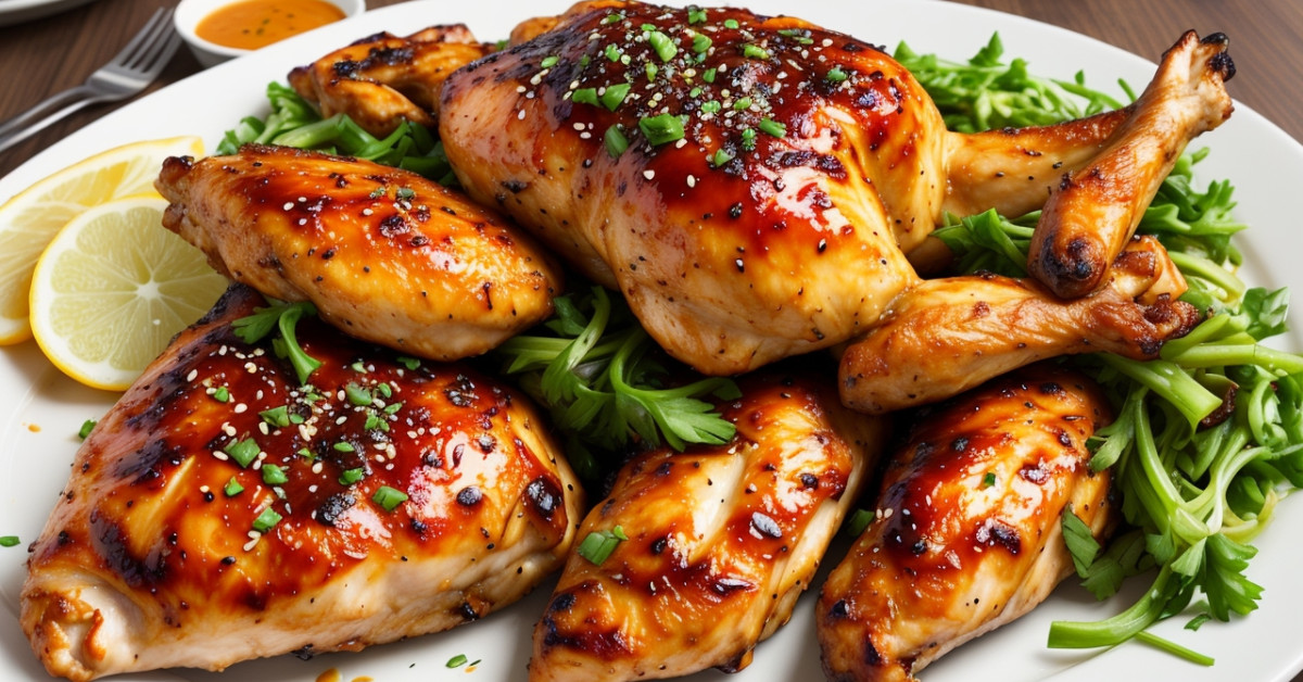 Grilled California tan chicken on sizzling plate.