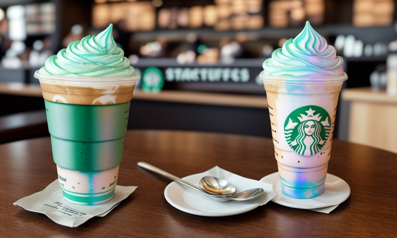 Starbucks iridescent cup sparkling on a wooden table.
