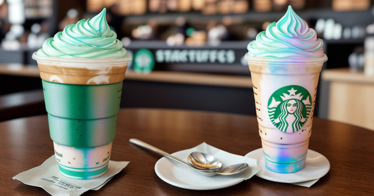 Starbucks iridescent cup sparkling on a wooden table.