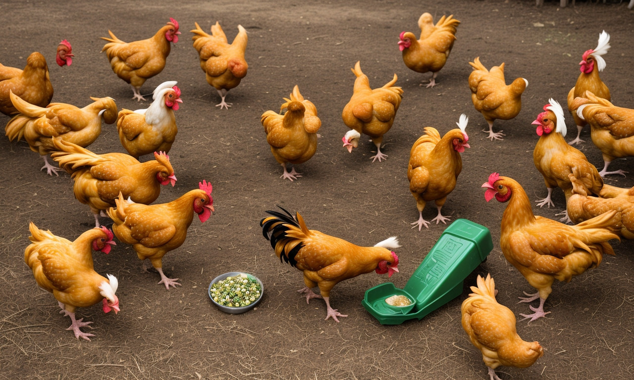Chickens pecking at jalapenos on a farm.