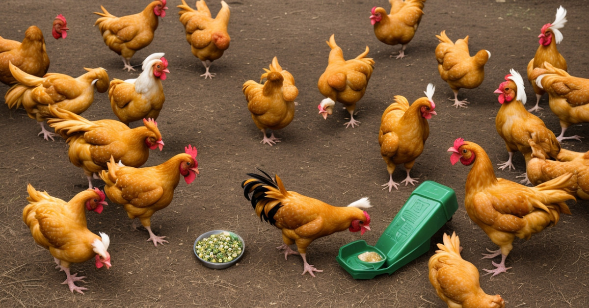 Chickens pecking at jalapenos on a farm.