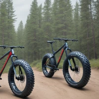 Man cycling on mountain trail with framed fat bike. Man cycling on mountain trail with framed fat bike.