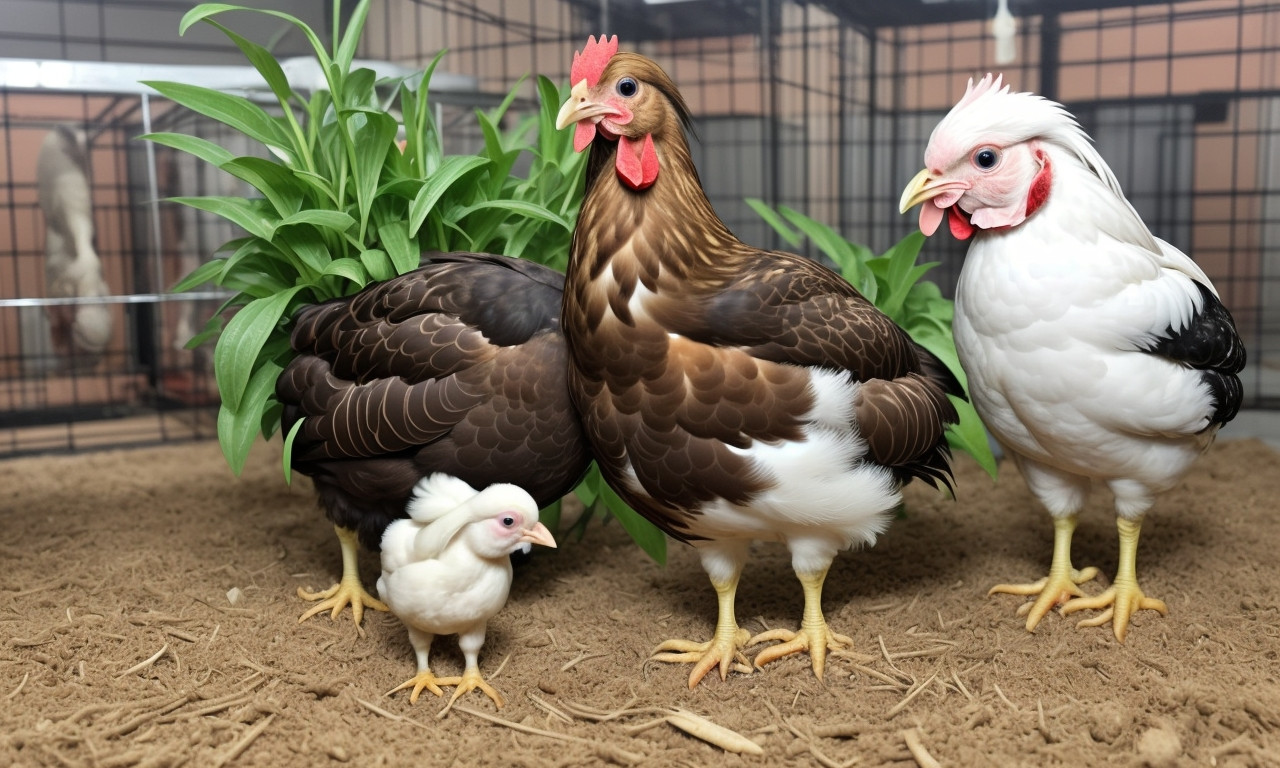 Chickens at 8 weeks with feeding guide for growth optimization.