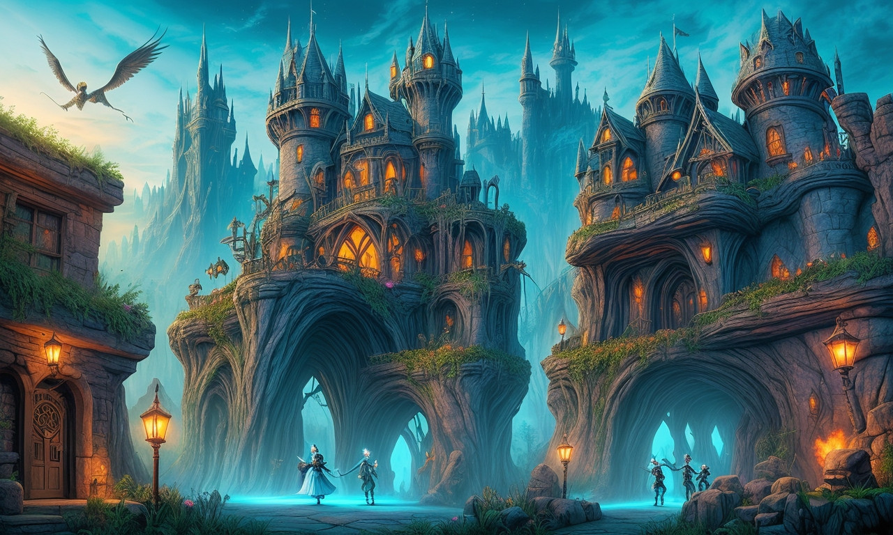 Fantasy Lair Celebration with Colorful Fireworks Display.