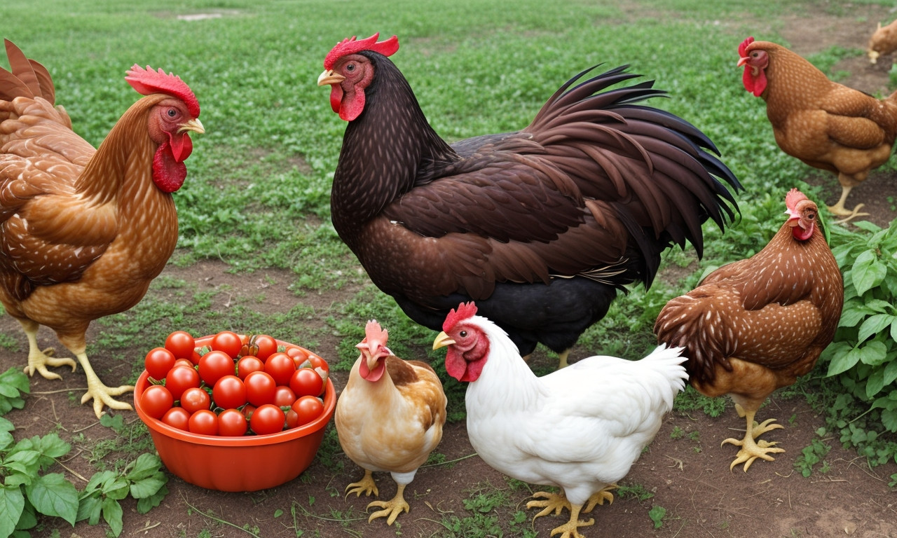 Chickens pecking tomatoes, exploring dietary truths.