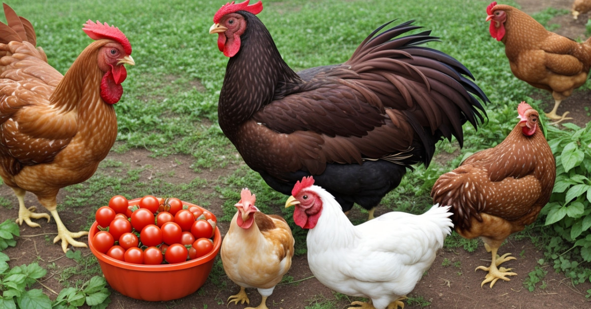 Chickens pecking tomatoes, exploring dietary truths.