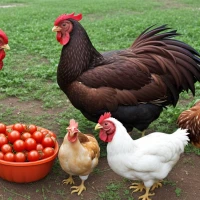 Chickens pecking tomatoes, exploring dietary truths. Chickens pecking tomatoes, exploring dietary truths.