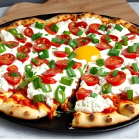 Cottage cheese pizza bowl on wooden table Cottage cheese pizza bowl on wooden table